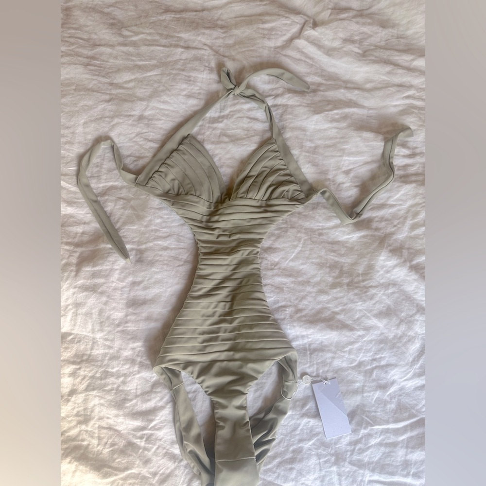 MIKOH *Rare* Light Grey- Swim Suit- Cut out sides- One Piece- Large- Halter- NWT